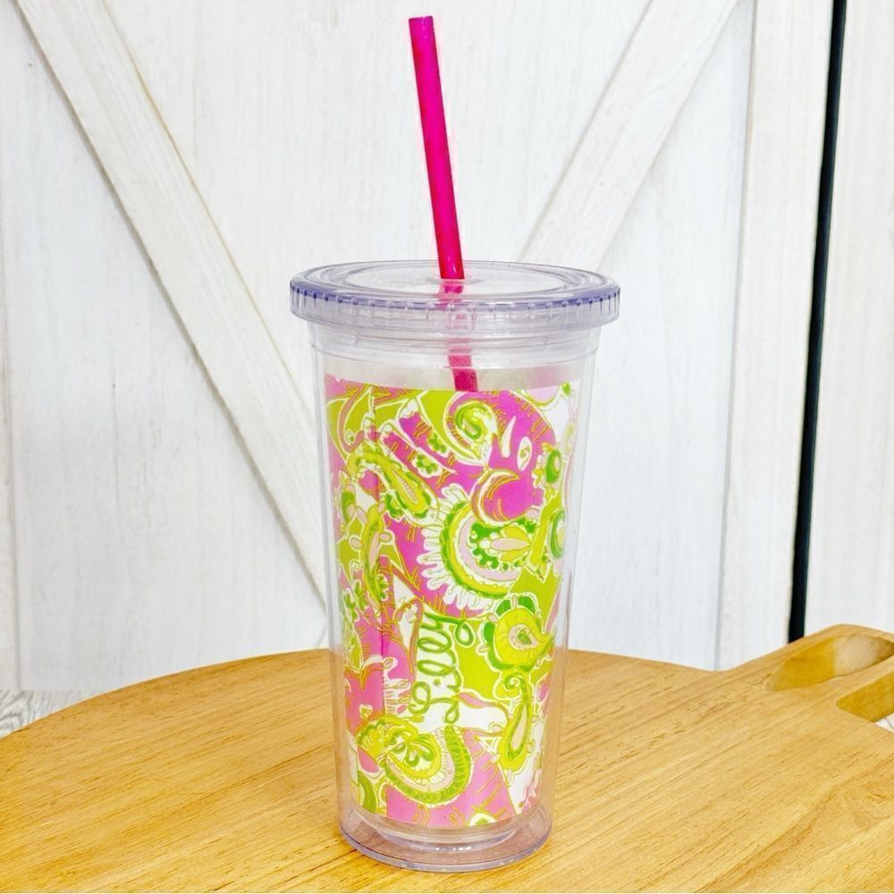 Lilly Pulitzer Elephants Acrylic Tumbler Cup Pink Green 20oz Lid Straw - Picture 4 of 9